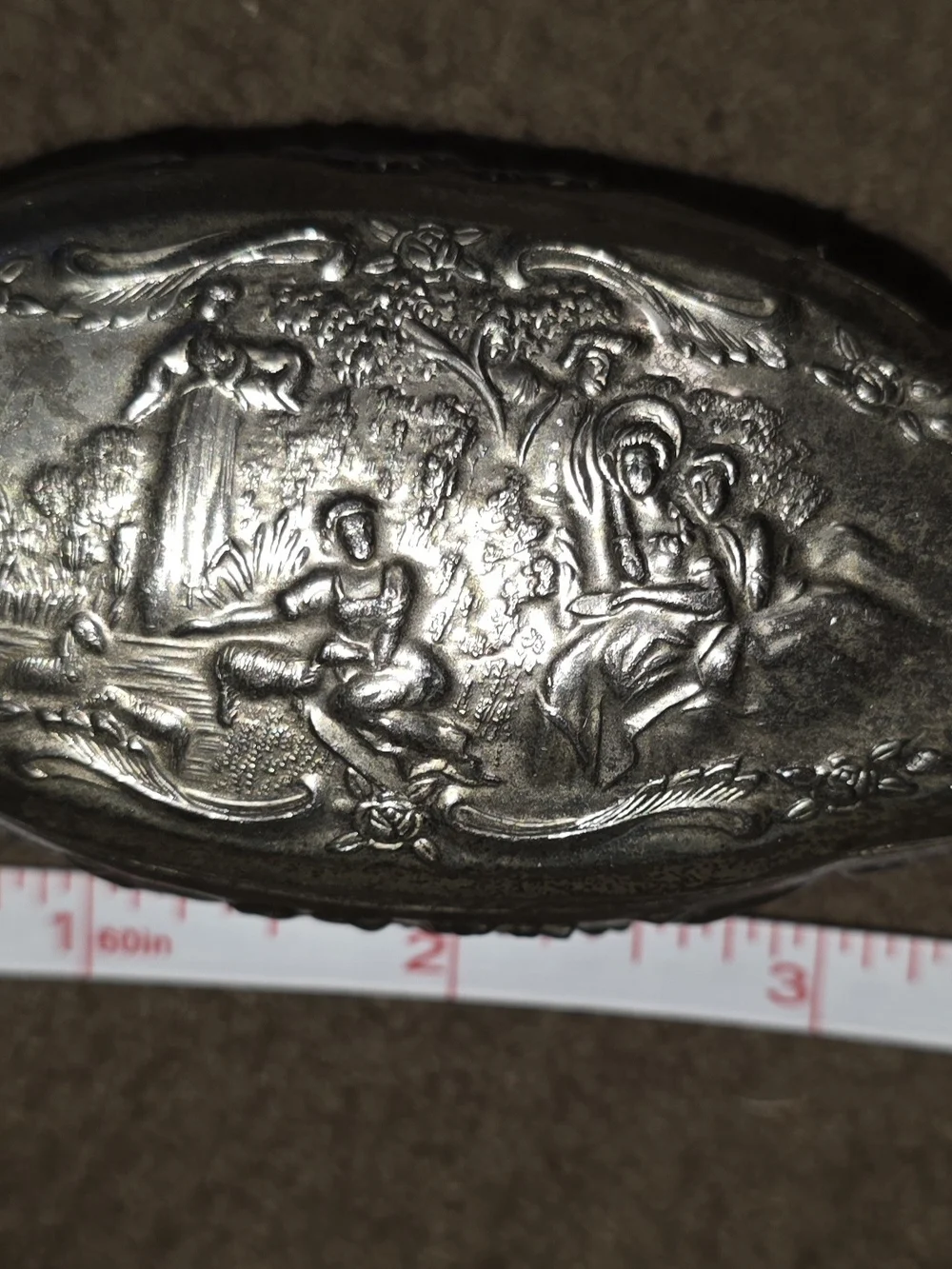 Source Unknown Vintage Silver Floral Embossed Jewelry Box with Red Lining